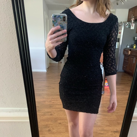 Little Black Lace Dress with Mesh Sleeves - Picture 2 of 4